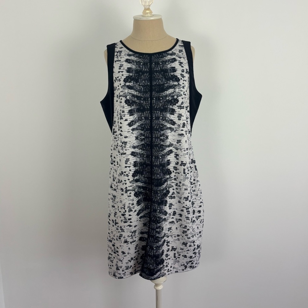 Reed Sheath Dress Black White Abstract Sleeveless Stretch Zip L